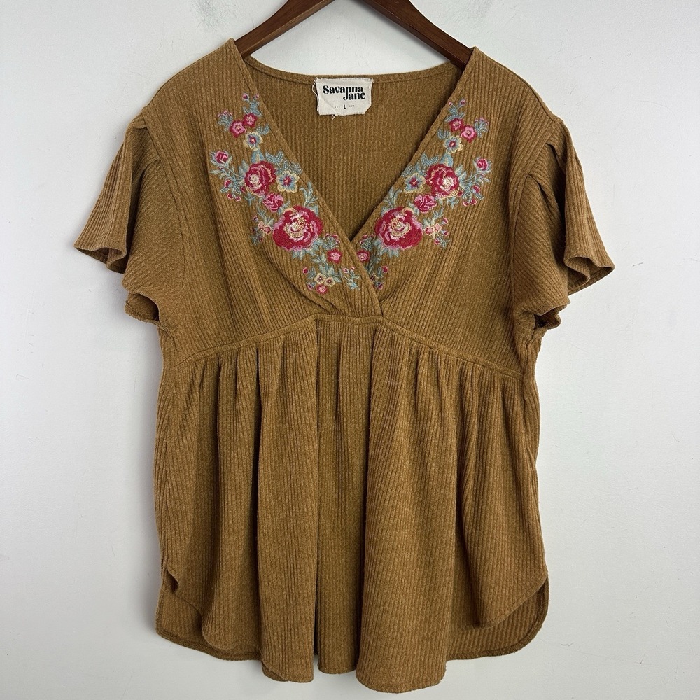 Savanna Jane Floral Embroidered Tunic Top Size Large V Neck Ribbed Stretch Boho